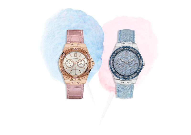 Softes Rosé, luftiges Hellblau und glitzernde Swarovski-Kristalle prägen den coolen Look dieser trendigen Uhren