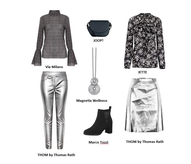 Festlich kann schon ein silberfarbener Metallic-Rock oder eine -Hose in Kombination mit einer schönen Bluse sein