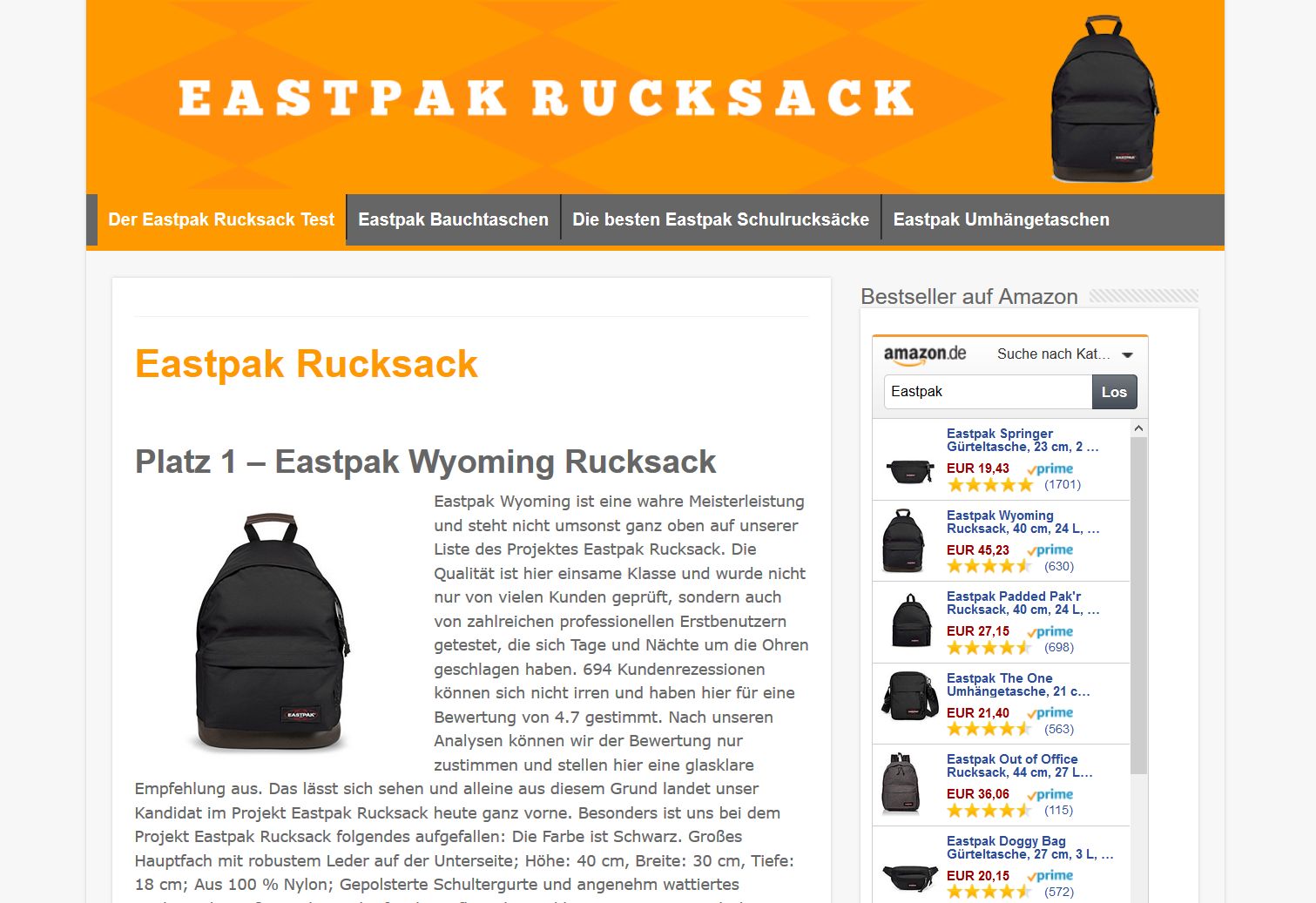 Screenshot Website Eastpak