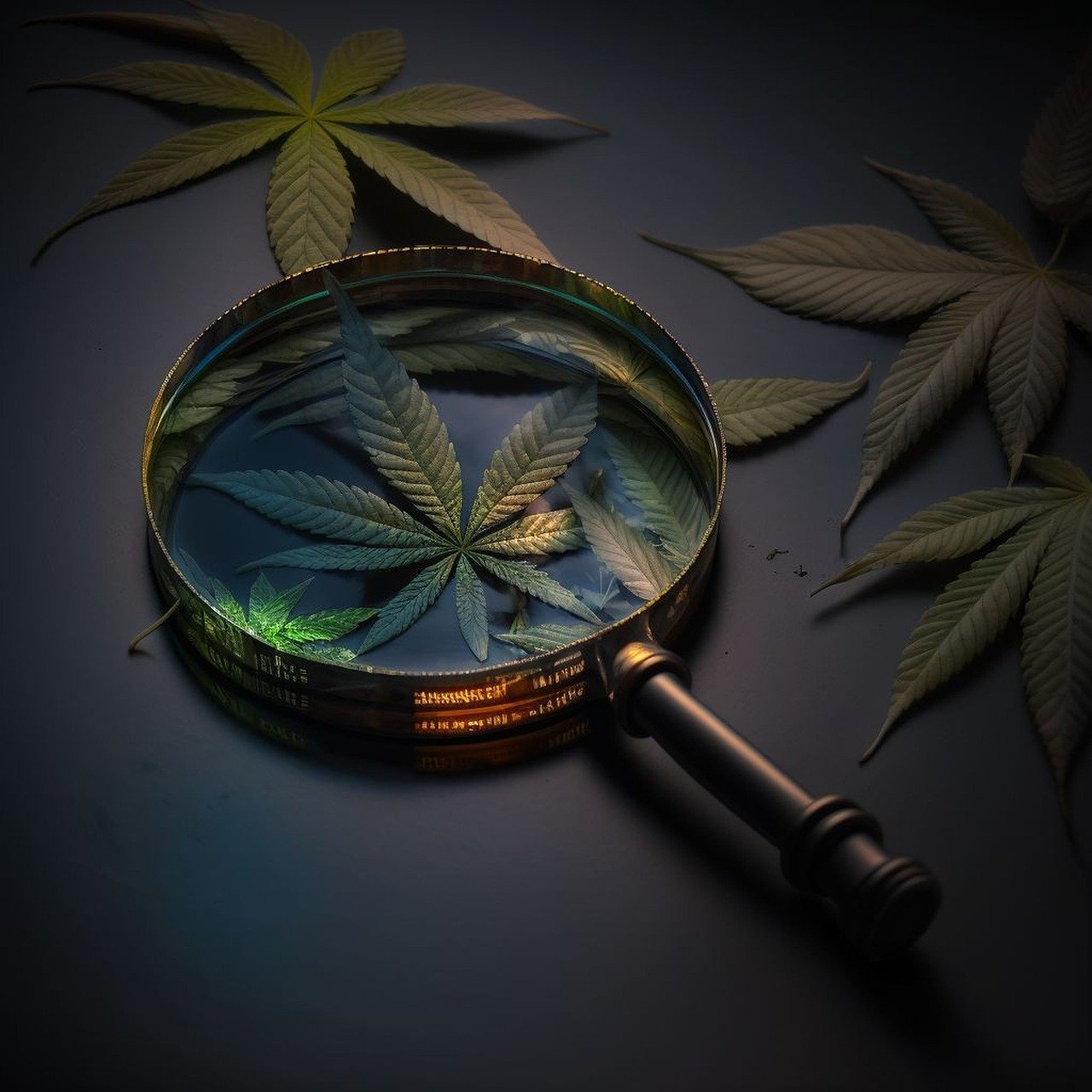 Cannabis-Pflanze unter einer Lupe