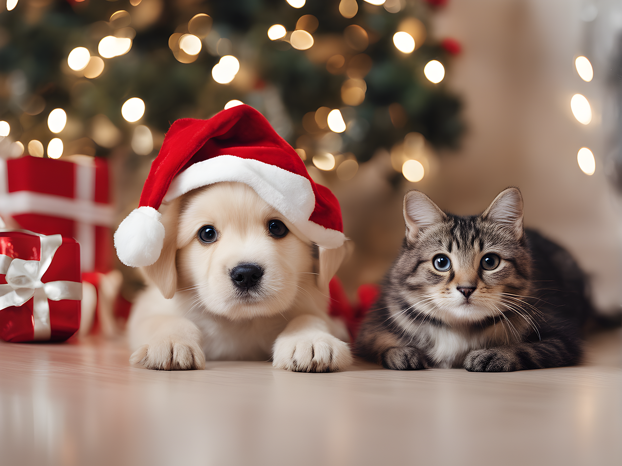 Hund und Katze unterm Weihnachtsbaum