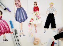 Modezeichnung mit Alkoholmarkern gezeichnet, zum Teil mit Stoffen als Collage gefertigt von Melanie Hinckel, nähPUNKT