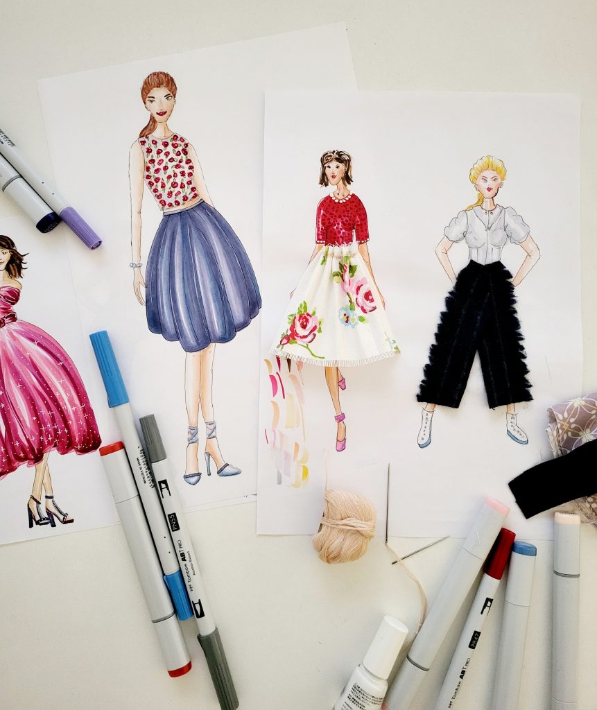  Modezeichnung mit Alkoholmarkern gezeichnet, zum Teil mit Stoffen als Collage gefertigt von Melanie Hinckel, nähPUNKT