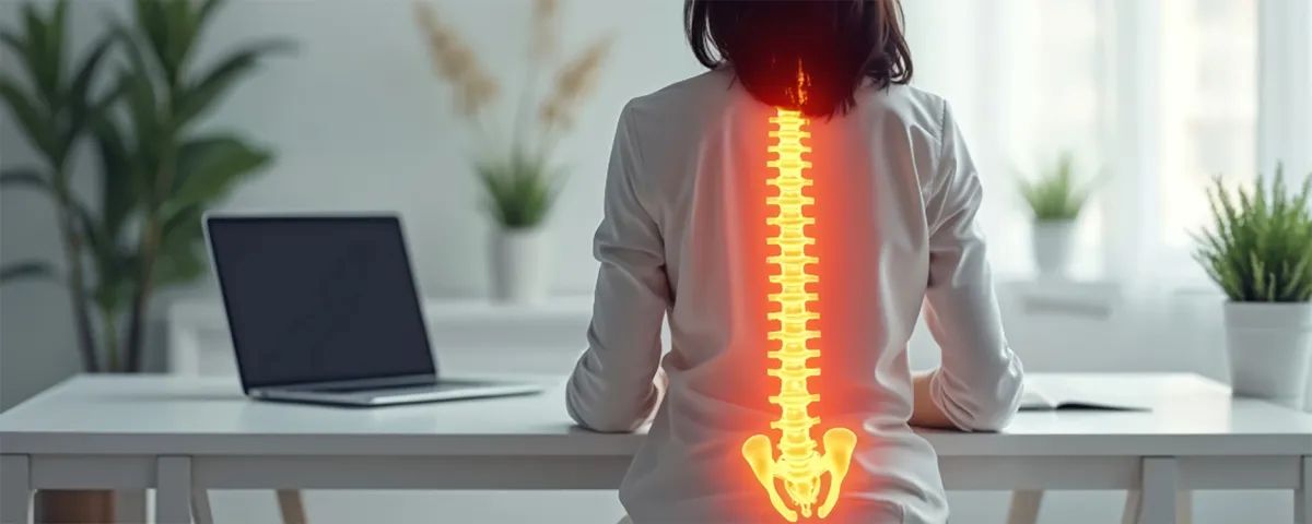 Frau sitzt am Schreibtisch und man sieht die Wirbels&auml;ule orange leuchten