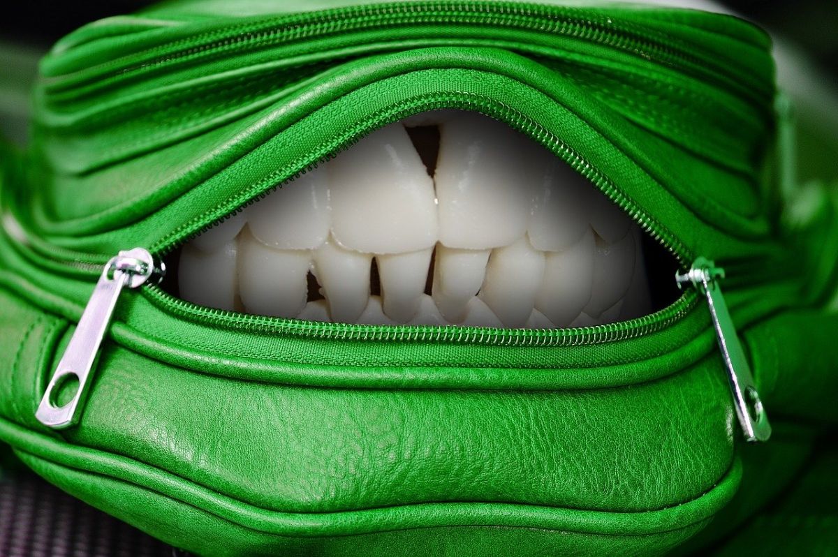 Zähne lächeln aus einer grünen Tasche