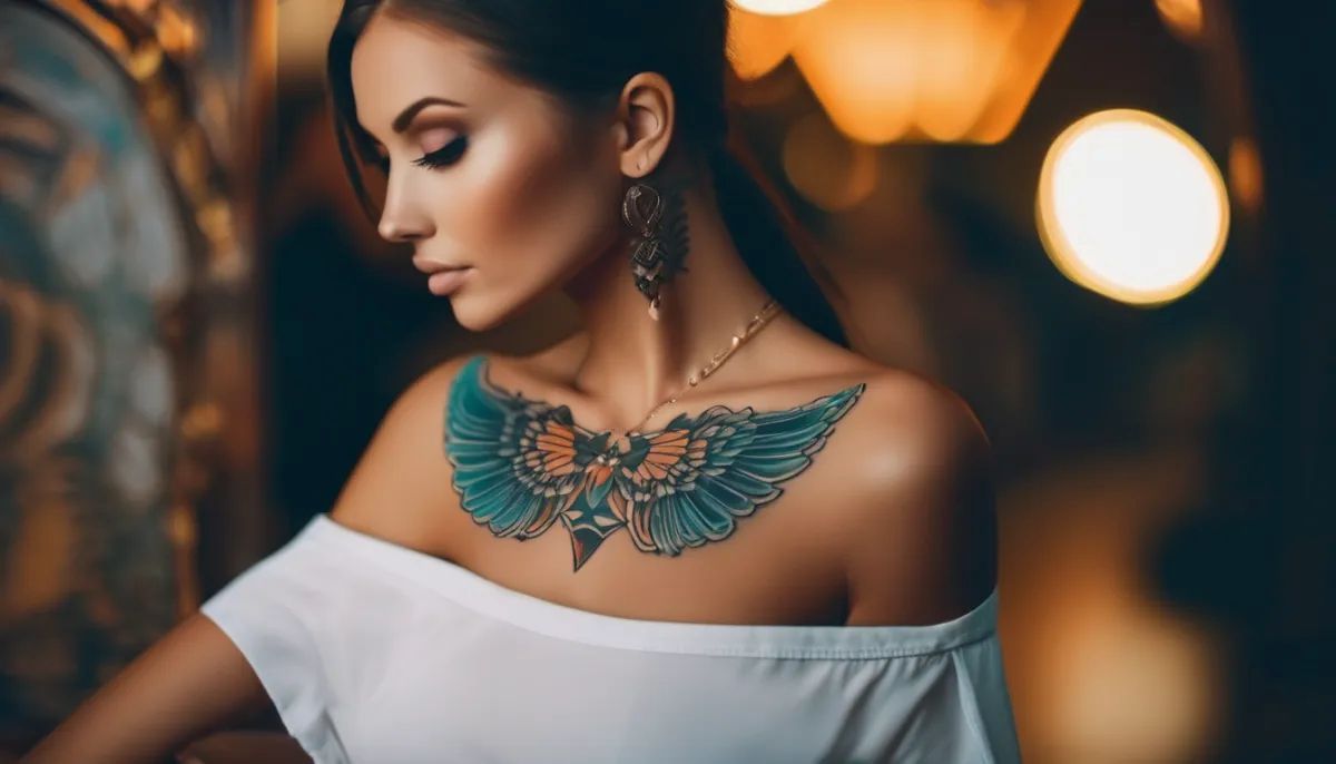 Frau mit grossfl&auml;chigem Tatto im Dekolletee
