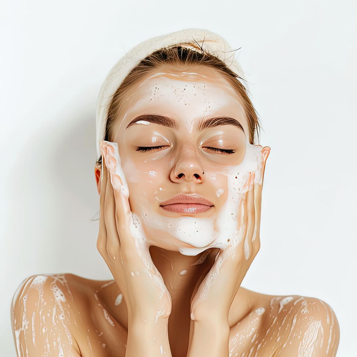 Frau pflegt sich mit Schaum