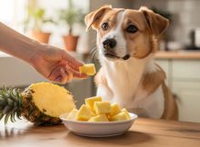 Hund am Küchentisch vor Ananas