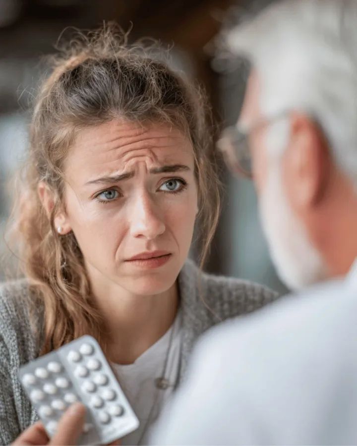 Verzweifelte Frau erh&auml;lt Tabletten vom Arzt