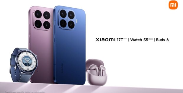 Xiaomi phones in purple and blue with a blue smartwatch and pink wireless earbuds on a white background.