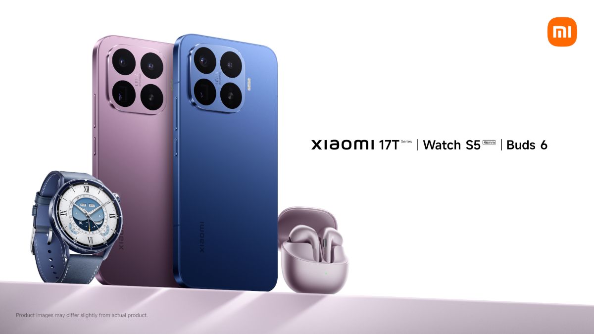 Xiaomi phones in purple and blue with a blue smartwatch and pink wireless earbuds on a white background.
