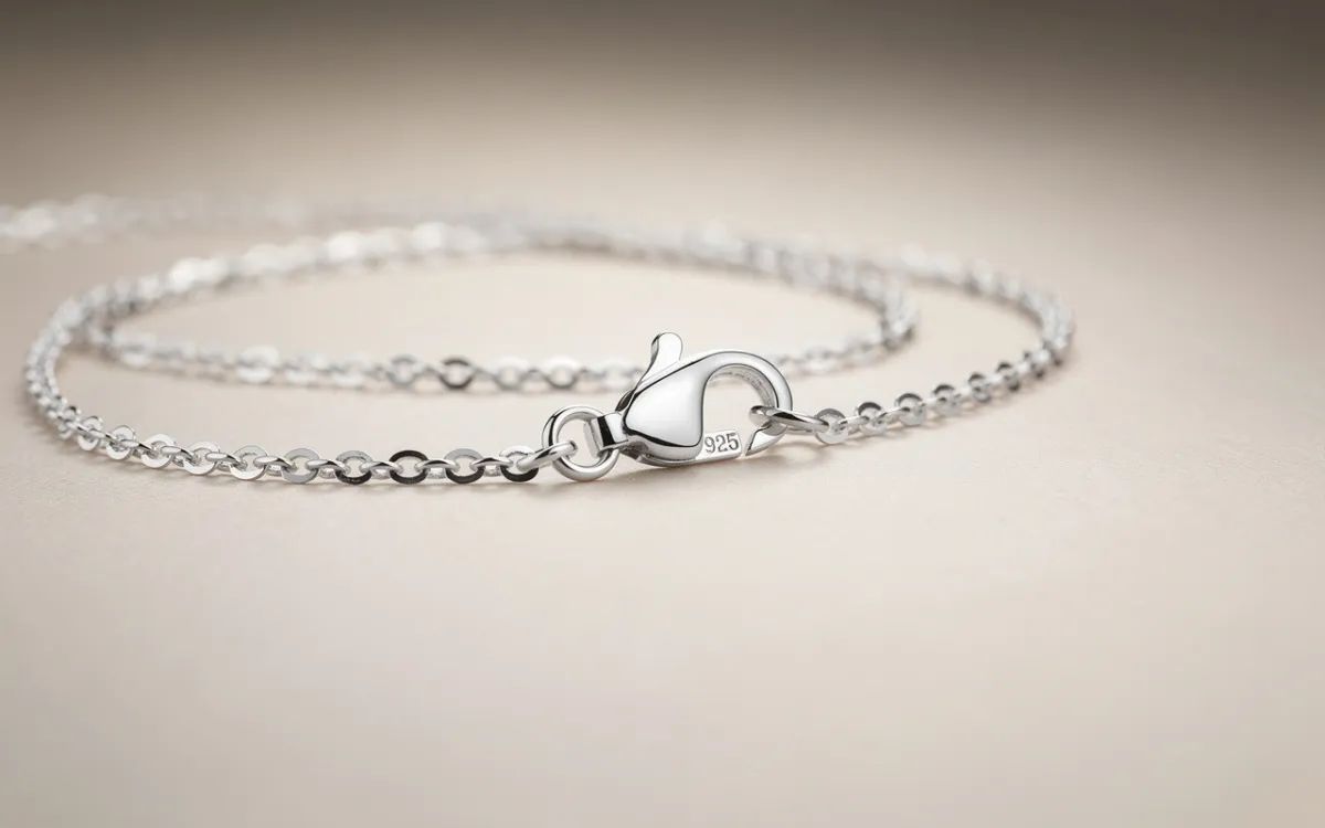 Close-up of a silver chain bracelet with a heart-shaped clasp stamped 925 on a pale beige surface.