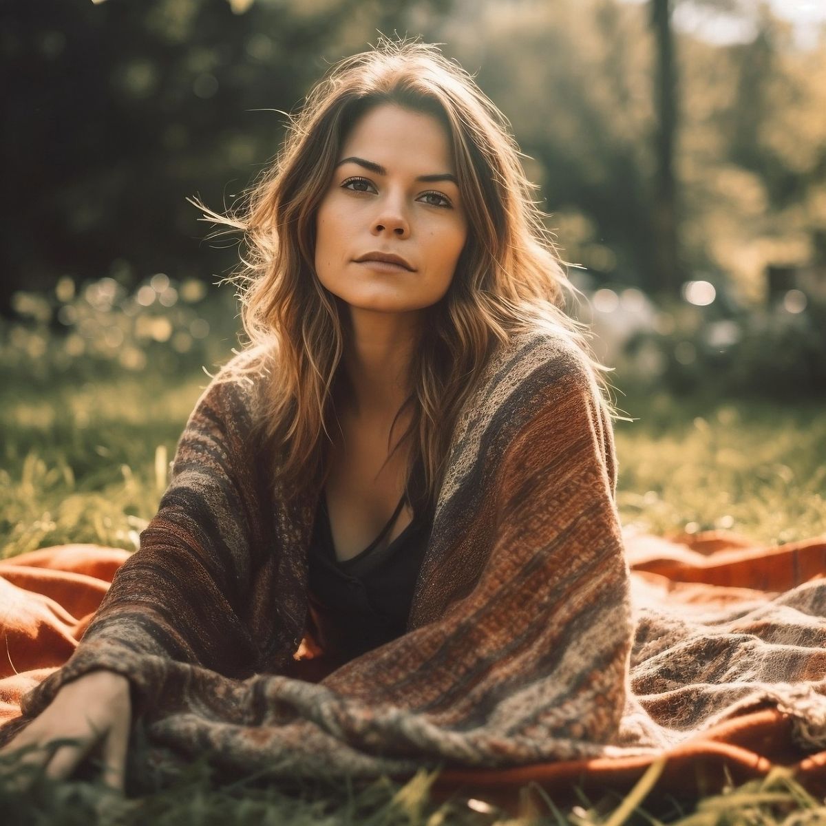 Frau im Herbst auf der Wiese