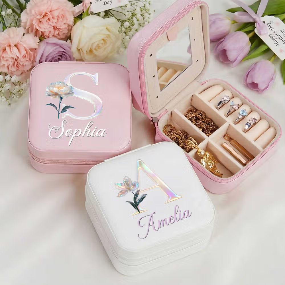 personalisierte PU Leder Schmuckkätschen mit Namen und Geburtsblume